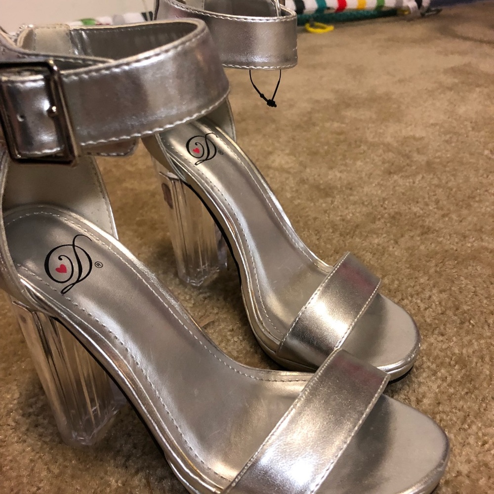 Metallic Silver & Clear Open Toe Pumps